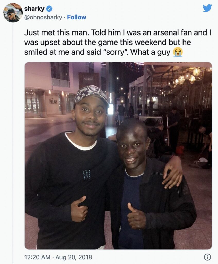 Sorry': N'Golo Kante bumps into Arsenal supporter following Chelsea's 3-2 win over the Gunners